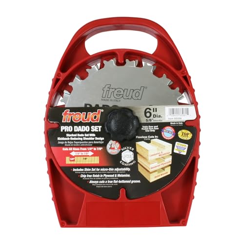 Freud 6 Pro Dado Set with Tico HiDensity Carbide for Flat Bottom Grooves Includes 2 Blades 3 Chippers Spacers Shim Set Carrying Case Negative Hook Angle SD206