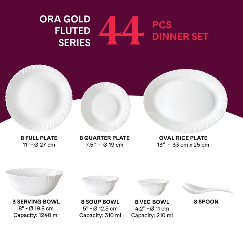 LARAH BY BOROSIL Larah by Borosil Ora Gold Fluted Series Opalware Dinner Set | 44 Pieces for Family of 8 | Microwave & Dishwasher Safe | Bone-Ash Free | Crockery Set for Dining & Gifting | Plates & Bowls | White - Image 2
