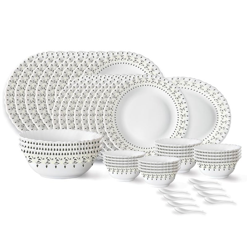 LARAH BY BOROSIL Larah by Borosil Ora Gold Fluted Series Opalware Dinner Set | 44 Pieces for Family of 8 | Microwave & Dishwasher Safe | Bone-Ash Free | Crockery Set for Dining & Gifting | Plates & Bowls | White - Image 1