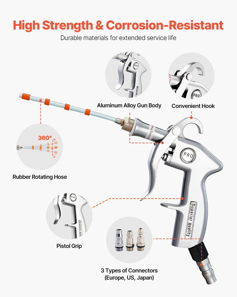 VEVOR Car Cleaning Gun, 6-9.2 Bar High-Pressure Air Blow Gun with 2 Set Nozzles, 360° Rotating Nozzle for Thorough Cleaning, Quickly Blasts Dirt and Dust from Surface, Work with 1/4 NPT Air Compressor Natural material - Image 4