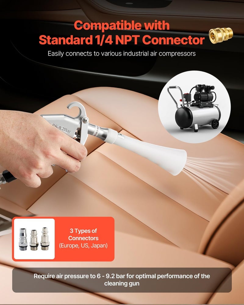 VEVOR Car Cleaning Gun, 6-9.2 Bar High-Pressure Air Blow Gun with 2 Set Nozzles, 360° Rotating Nozzle for Thorough Cleaning, Quickly Blasts Dirt and Dust from Surface, Work with 1/4 NPT Air Compressor Natural material - Image 5