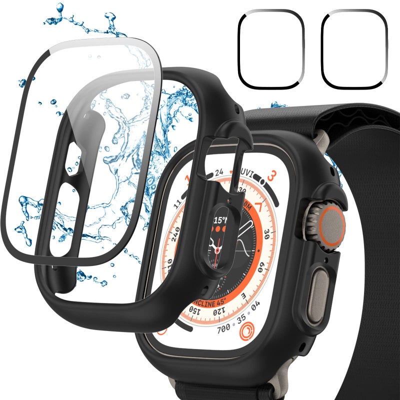 Cuteey Apple Watch Ultra 49mm 2+2 Pack Waterproof Case with Separate No-Foggy Tempered Glass & Hard PC Bumper, Black+Black - Image 1
