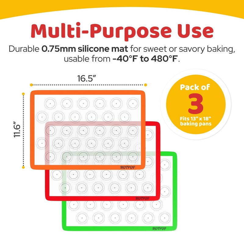 HOTPOP Silicone Baking Mats 0.75mm, Non-Stick Macaron Silicone Baking Mats - Silicone Sheet for Bake Pans and Rolling with Outlines for Pastries (3 HALF SIZE) - Image 2