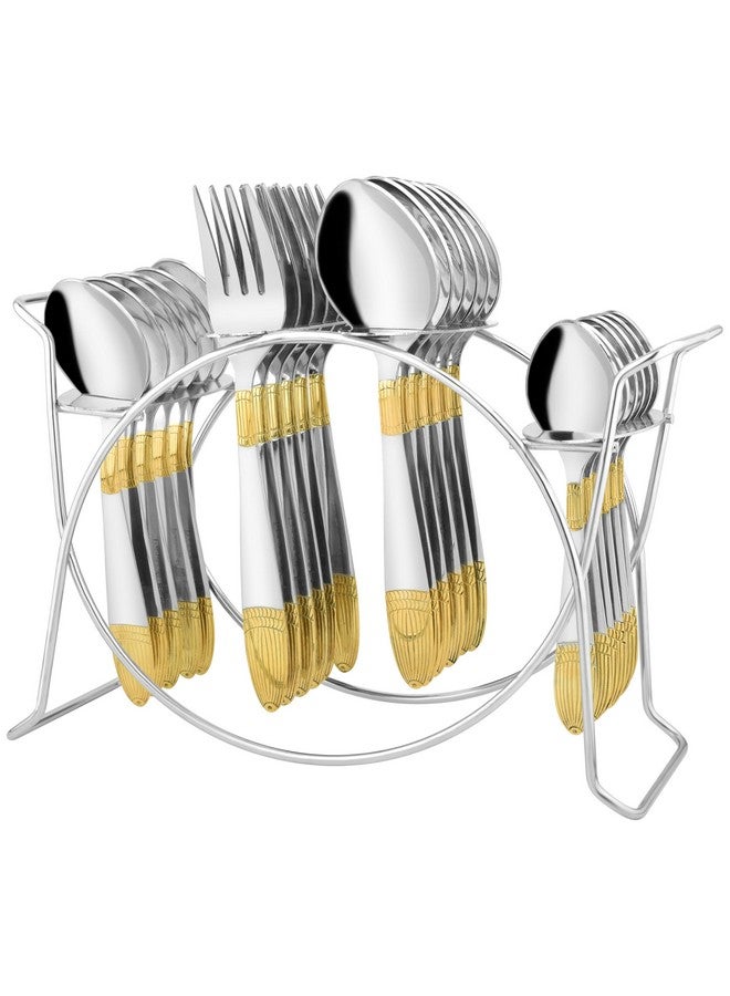 Parage Parage 25 Pieces Ivory Gold Stainless Steel Cutlery Set with Stand (Contains: 6 Table Fork, 6 Table Spoon, 6 Dinner Spoon, 6 Tea Spoon, 1 Cutlery Stand) 24 Karat 24k Golden Plated Spoon Set (Ivory) - Image 1