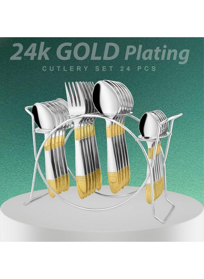 Parage Parage 25 Pieces Ivory Gold Stainless Steel Cutlery Set with Stand (Contains: 6 Table Fork, 6 Table Spoon, 6 Dinner Spoon, 6 Tea Spoon, 1 Cutlery Stand) 24 Karat 24k Golden Plated Spoon Set (Ivory) - Image 2