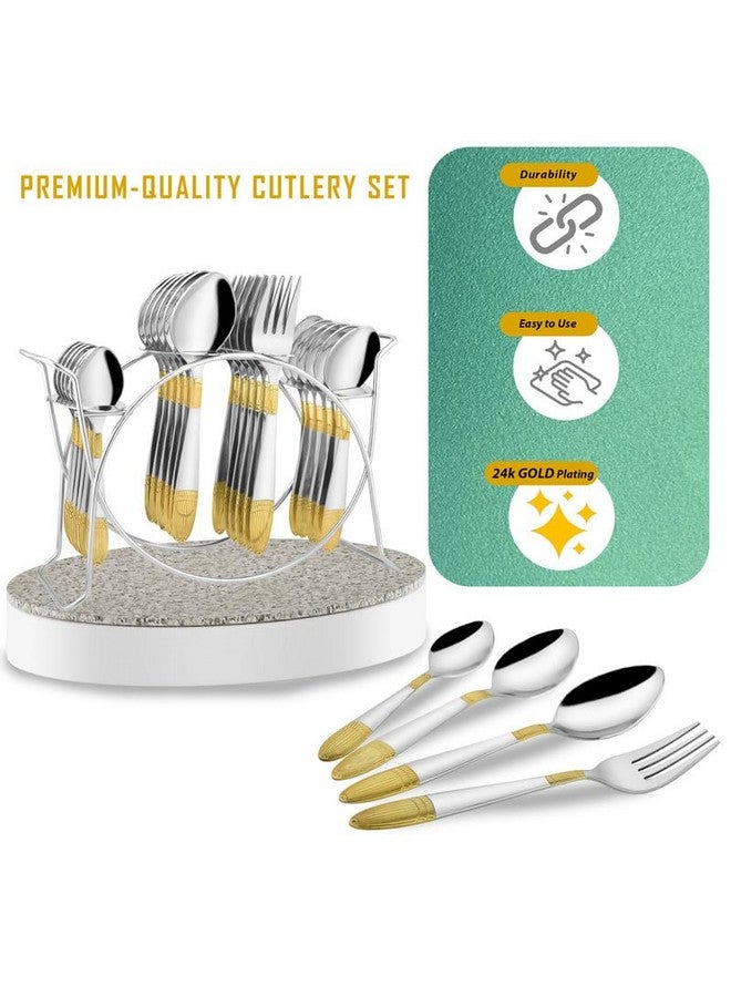 Parage Parage 25 Pieces Ivory Gold Stainless Steel Cutlery Set with Stand (Contains: 6 Table Fork, 6 Table Spoon, 6 Dinner Spoon, 6 Tea Spoon, 1 Cutlery Stand) 24 Karat 24k Golden Plated Spoon Set (Ivory) - Image 4