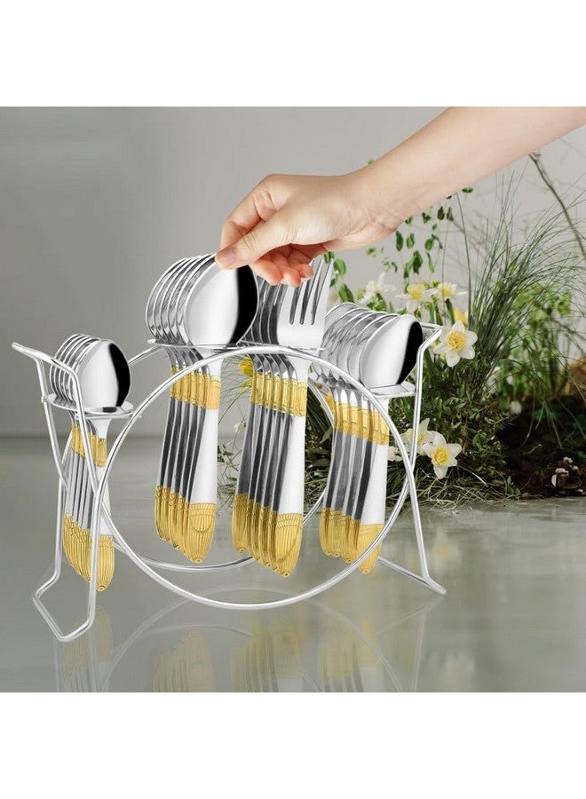 Parage Parage 25 Pieces Ivory Gold Stainless Steel Cutlery Set with Stand (Contains: 6 Table Fork, 6 Table Spoon, 6 Dinner Spoon, 6 Tea Spoon, 1 Cutlery Stand) 24 Karat 24k Golden Plated Spoon Set (Ivory) - Image 5