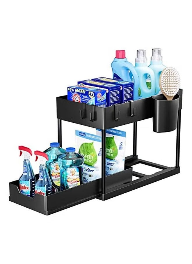 Hihonor Double Layer Pull-out Storage Rack for Sink, 2 Tier Multi-purpose Kitchen Under the Sink Organizer Under Bathroom Sink Shelf Storage Rack for Countertop Laundry -Black  - Image 1