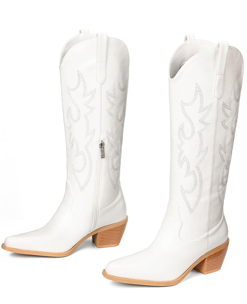 Pasuot Western Cowboy Boots for Women - Knee High Wide Calf Cowgirl Boots, Slip On Pointed Toe Chunky Heel Fashion Retro Classic Pull On Tall Boot for ladies Party concert White US 7 - Image 5