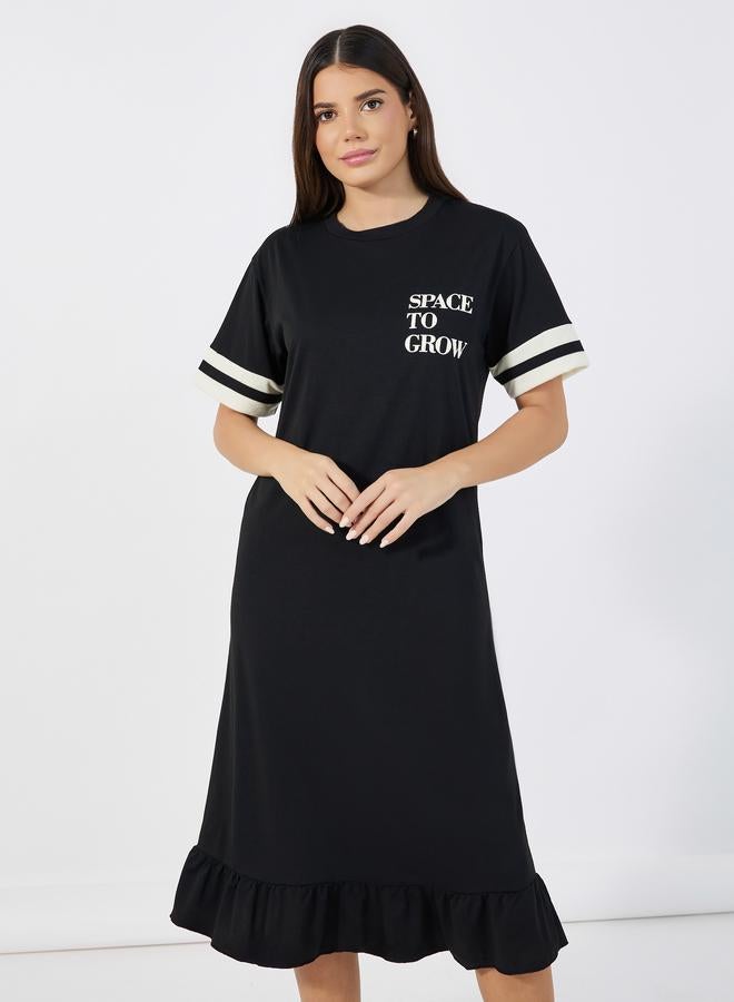Styli Styli Double Striped Sleeve Slogan Ruffle Hem Sleep T-Shirt Dress  - Image 2