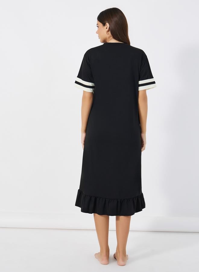 Styli Styli Double Striped Sleeve Slogan Ruffle Hem Sleep T-Shirt Dress  - Image 4