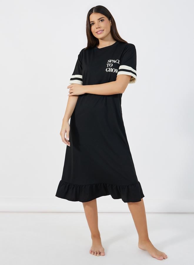 Styli Styli Double Striped Sleeve Slogan Ruffle Hem Sleep T-Shirt Dress  - Image 1