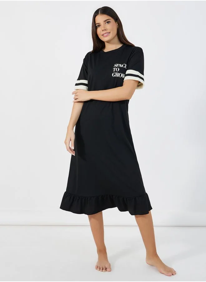 Styli Double Striped Sleeve Slogan Ruffle Hem Sleep T-Shirt Dress