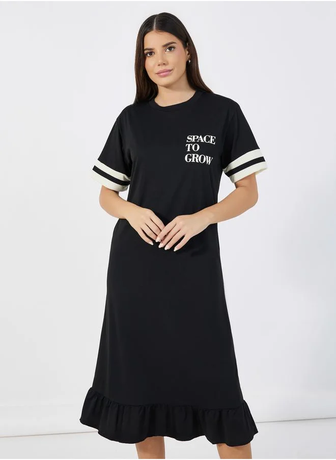 Styli Double Striped Sleeve Slogan Ruffle Hem Sleep T-Shirt Dress