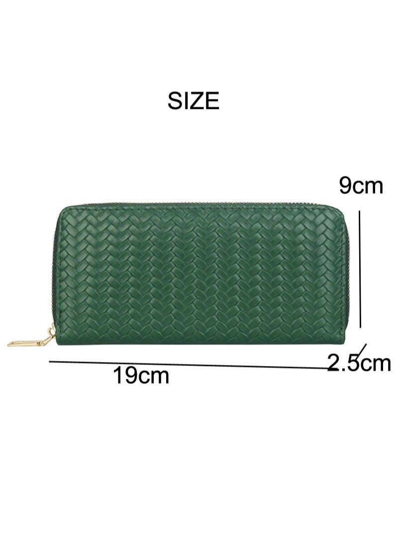 Fashionable PU leather woven wallet  zero wallet new trendy women's wallet  medium to long zipper handbag Green - Image 3
