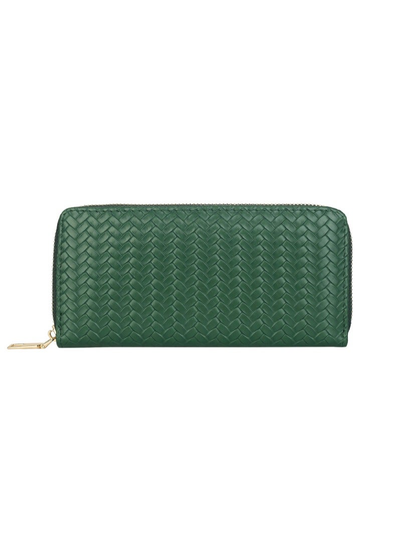 Fashionable PU leather woven wallet  zero wallet new trendy women's wallet  medium to long zipper handbag Green - Image 1