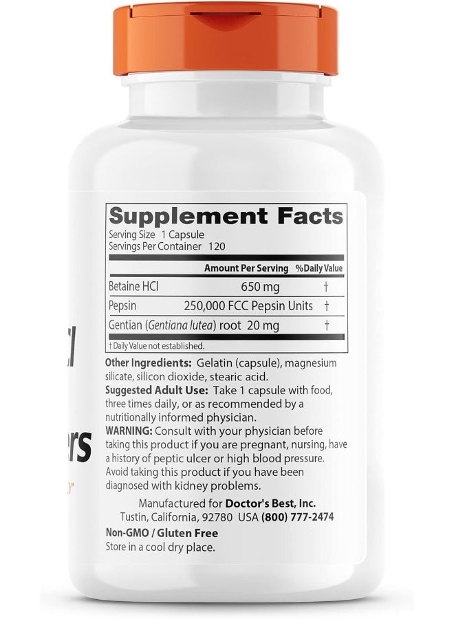Doctor's Best Betaine HCL Pepsin & Gentian Bitters (120 Caps) - Image 2