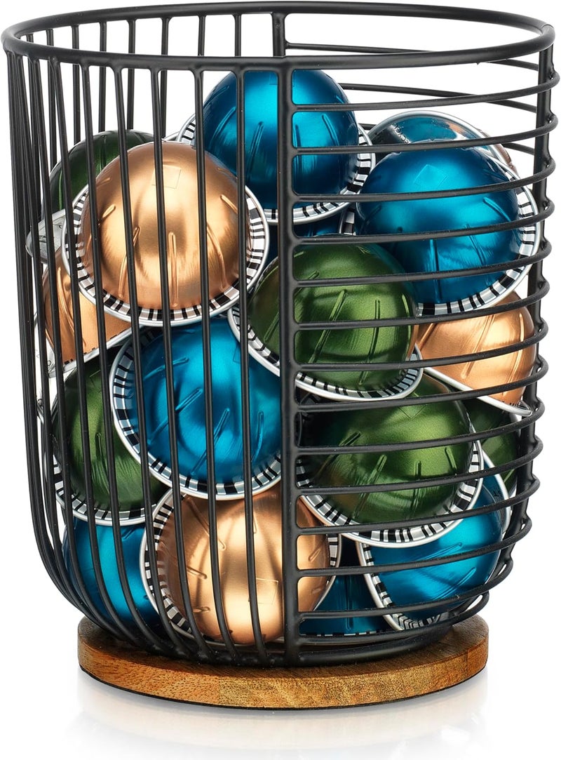 MosJos Coffee Pod Holder -Black Wire K Cup Storage with Wooden Base - Large Capacity Slim Design - Modern Coffee Basket Decor for Kitchen Countertop for Keurig Kcups & Espresso Capsules - Image 1