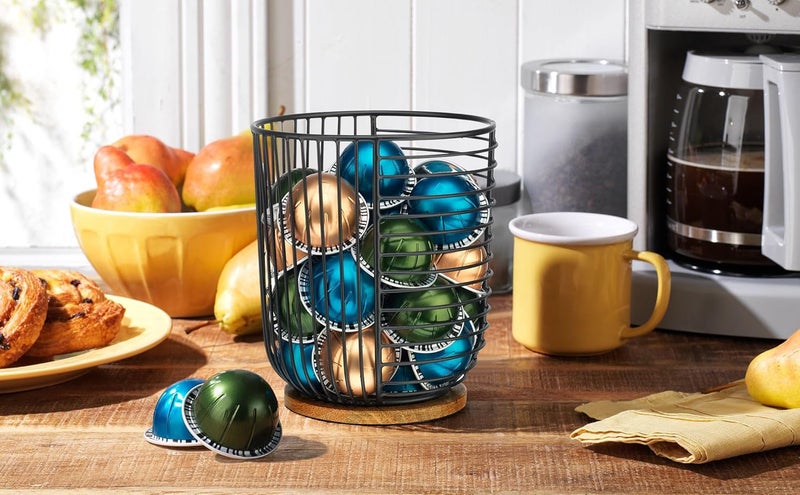 MosJos Coffee Pod Holder -Black Wire K Cup Storage with Wooden Base - Large Capacity Slim Design - Modern Coffee Basket Decor for Kitchen Countertop for Keurig Kcups & Espresso Capsules - Image 2