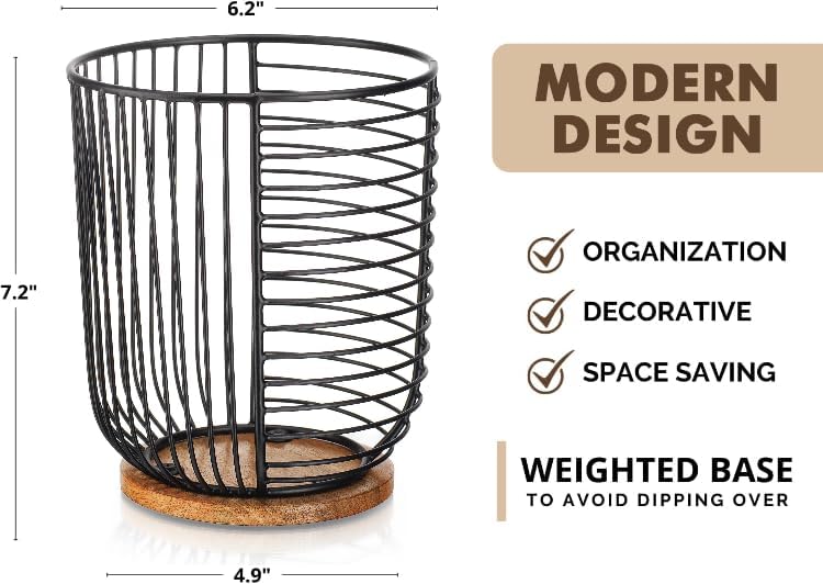MosJos Coffee Pod Holder -Black Wire K Cup Storage with Wooden Base - Large Capacity Slim Design - Modern Coffee Basket Decor for Kitchen Countertop for Keurig Kcups & Espresso Capsules - Image 3