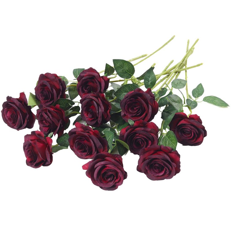 12 PCS Artificial Flowers Roses Silk Flowers Fake Long Stem Artificial Roses for Home Wedding Bathroom Kitchen Decorations Wine Red