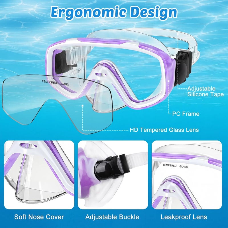 KUYOU Kids Snorkel Set, Children Anti-Fog Diving Mask Swimming Goggles Dry Top Snorkel Equipment Snorkeling Packages Swimming Gear for Youth Boys Girls Age 5-10 - Image 4