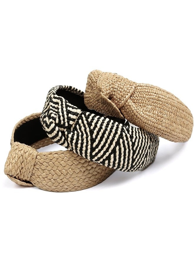 Huachi Knotted Headbands for Women Summer Trendy Straw Headband with Knot, 3PCS Women Boho Head Band for Beach Vacation Fashion Hair Accessories - Image 2