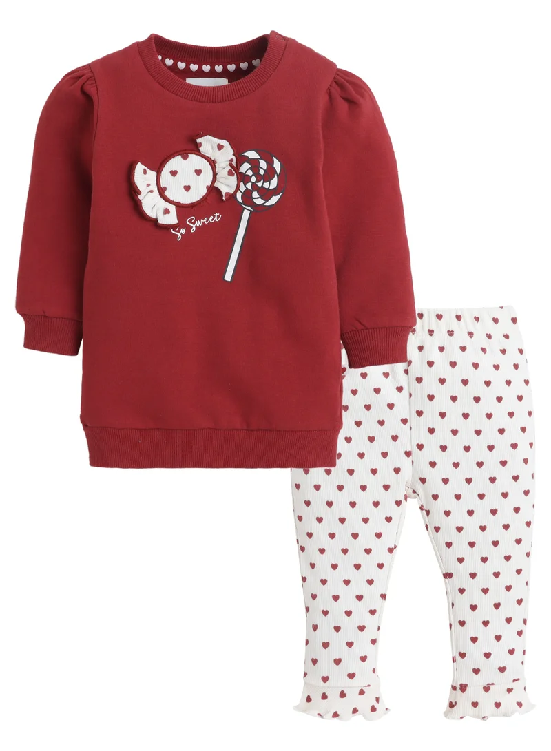 Dirkje Girls Red Candy Print Long Sleeve Dress with Heart Print Leggings – 2-Piece Set