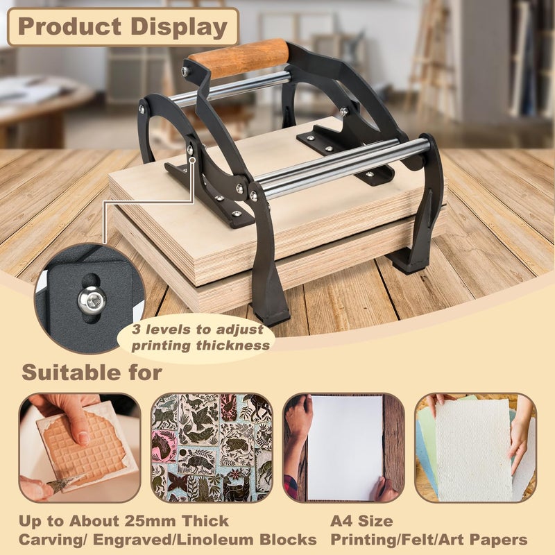 TOPOWN Linocut Printing Hand Lever Press Machine, Linocut Press Machine, Manual Hand Lever Printing Press for Linoleum Blocks with Felt Pad(fit up to 25mm Thick Blocks, A4, Black) - Image 2