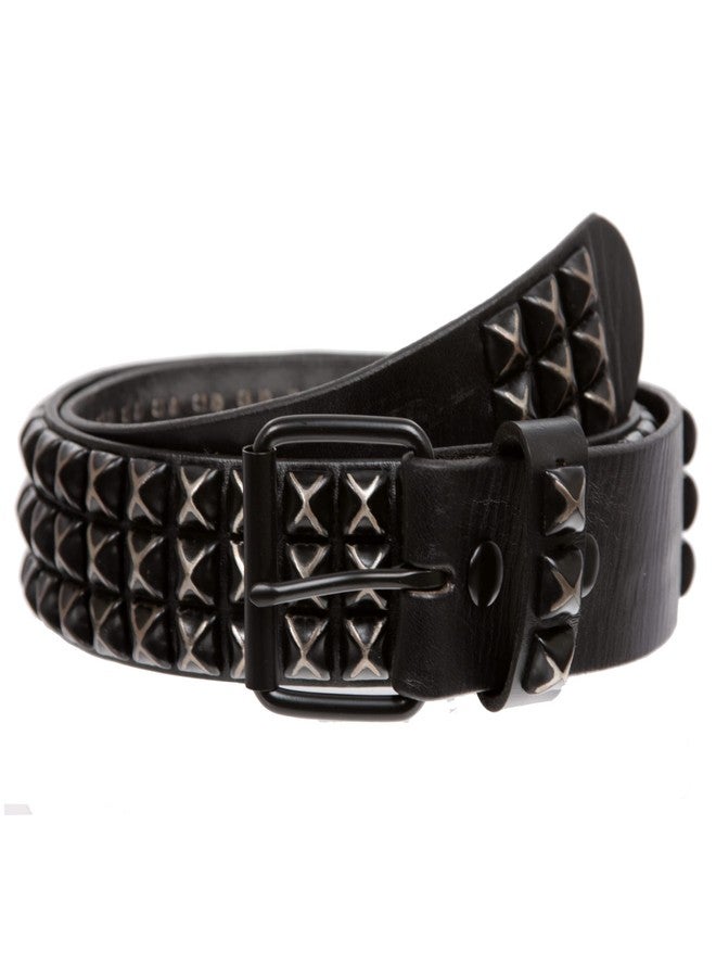 Beltiscool Snap On Oil Tanned Three Row Punk Rock Star Distressed Black Studded Full Grain Cowhide Leather Belt, Black | 40 - Image 1