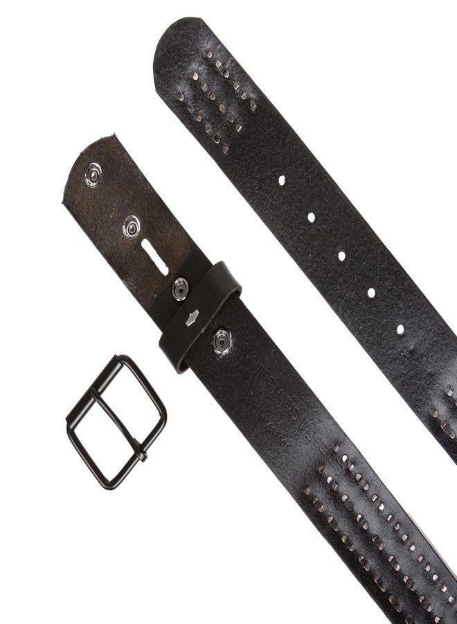 Beltiscool Snap On Oil Tanned Three Row Punk Rock Star Distressed Black Studded Full Grain Cowhide Leather Belt, Black | 40 - Image 2