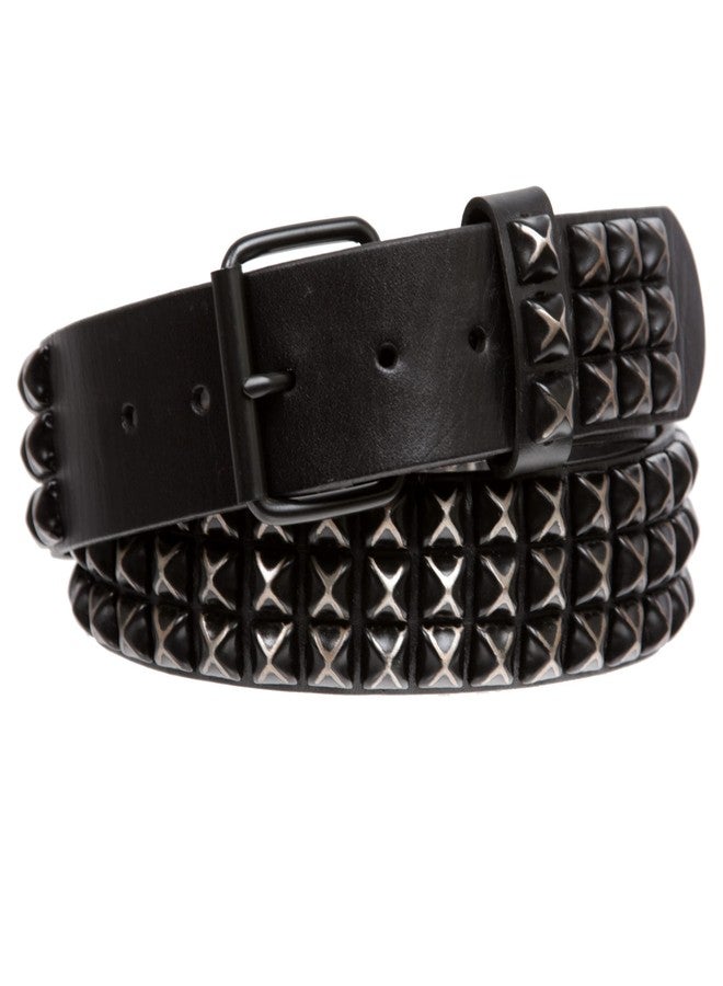 Beltiscool Snap On Oil Tanned Three Row Punk Rock Star Distressed Black Studded Full Grain Cowhide Leather Belt, Black | 40 - Image 3