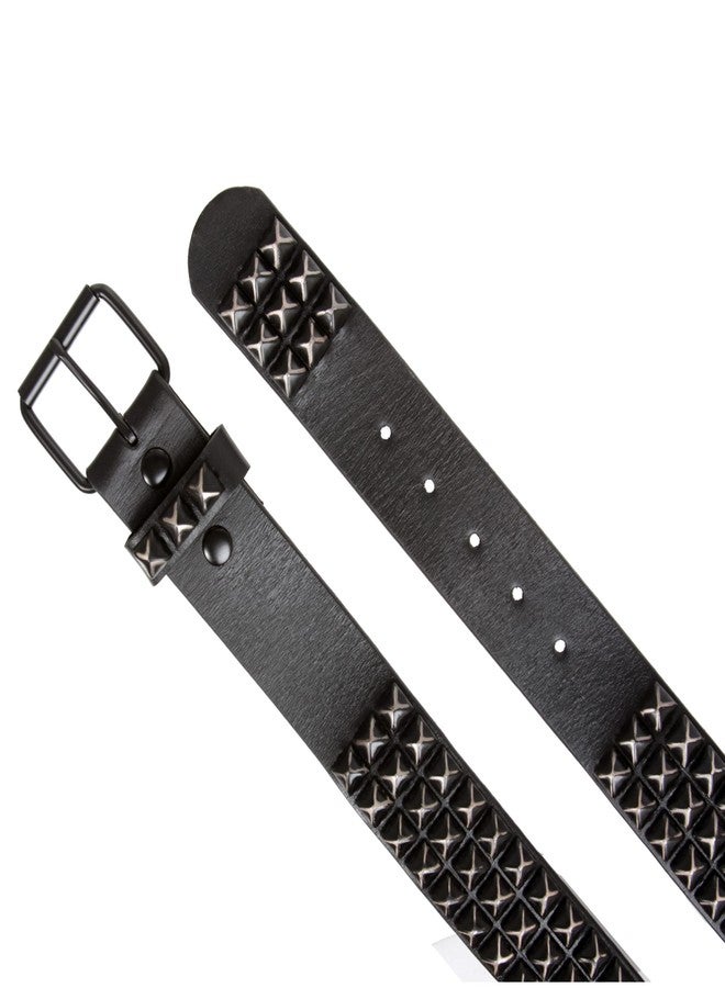 Beltiscool Snap On Oil Tanned Three Row Punk Rock Star Distressed Black Studded Full Grain Cowhide Leather Belt, Black | 40 - Image 4