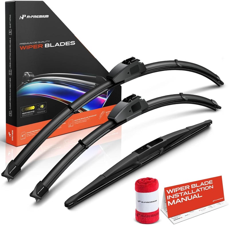 A-Premium Windshield Wiper Blades with Wear Indicator & Towel - Compatible with Honda Pilot 2016-2022 - Front Rear Wipers Blade Set for 26"/24"/14", Hook/RL3 Arm Connector, Pack of 3 - Image 1