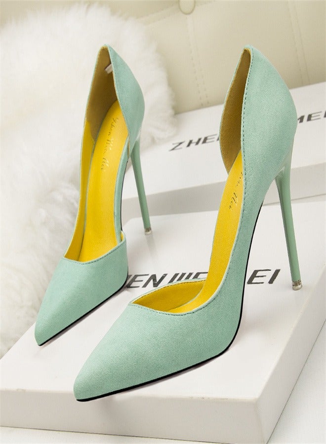 Eloshman 10cm Fashionable And Minimalist Slim Heel Suede Shallow Mouthed Pointed Women's Singles Shoes Green - Image 1