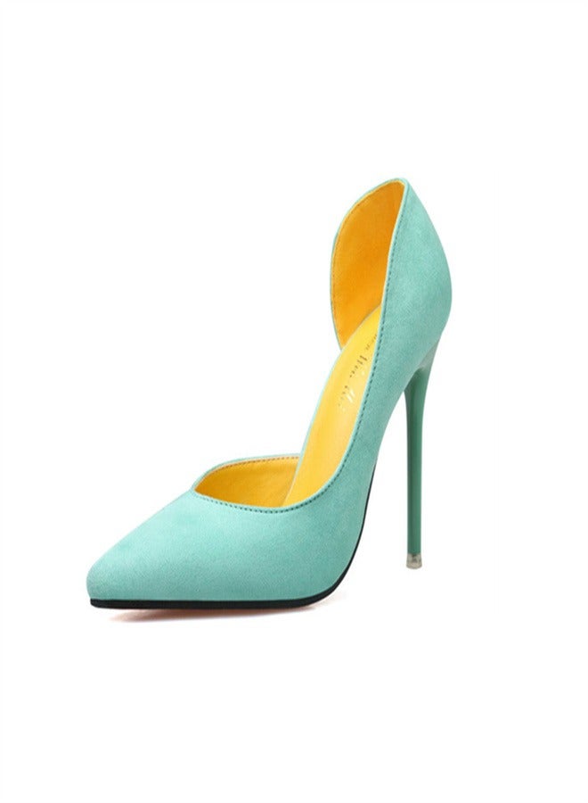 Eloshman 10cm Fashionable And Minimalist Slim Heel Suede Shallow Mouthed Pointed Women's Singles Shoes Green - Image 3