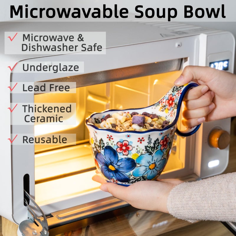 ALMA 18oz Microwavable Soup Bowl with Loop Handle, Handpainted Decorative Mug Big Handle, Ceramic Soup bowl for Mother, Cereal Bowl Great for Fruits, Chili, Stew, Ice cream - Image 3