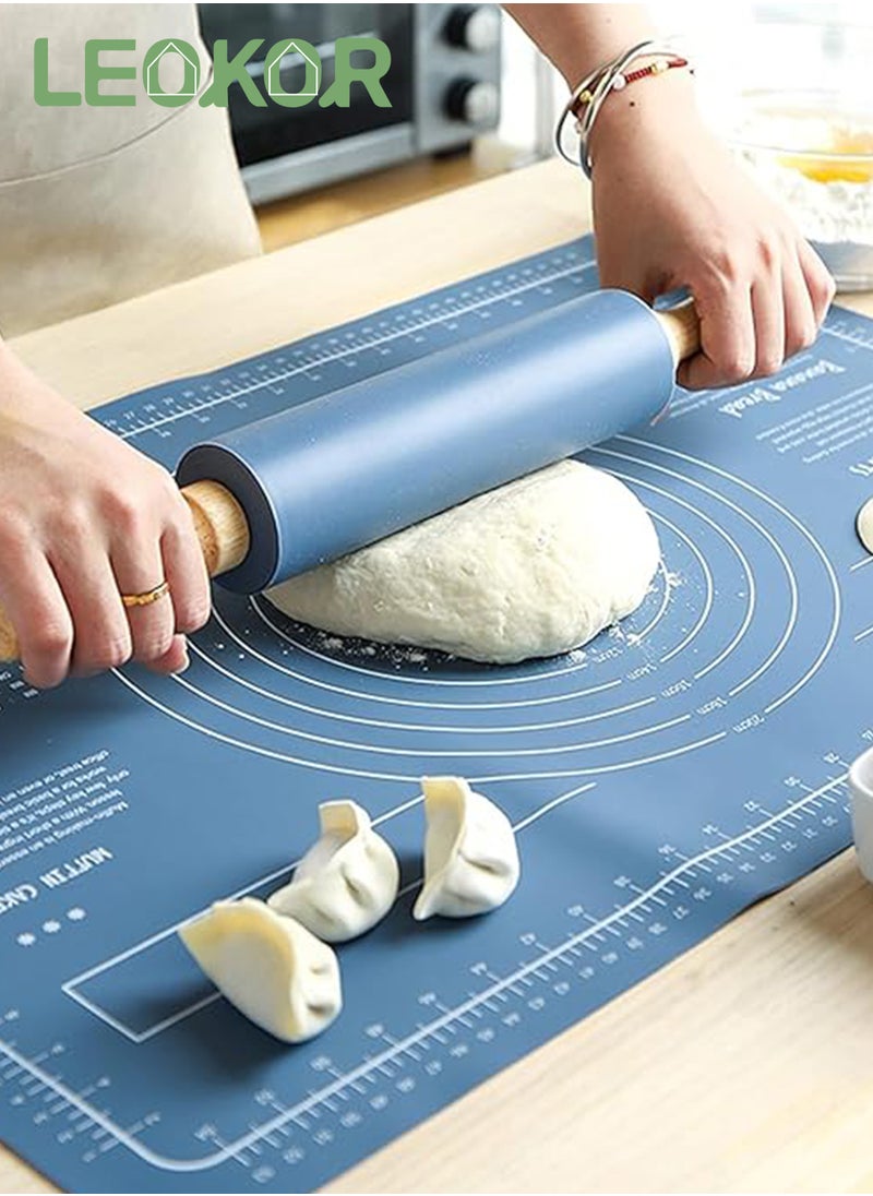 LEOKOR - 2 Pcs Silicone Baking Mat, Reusable Nonstick Bakeware Mats with Rolling Pin, Food Grade Silicone Dough Rolling Mat For Making Cookies, Multipurpose Mat, Countertop Mat, 40*60CM Blue - Image 1