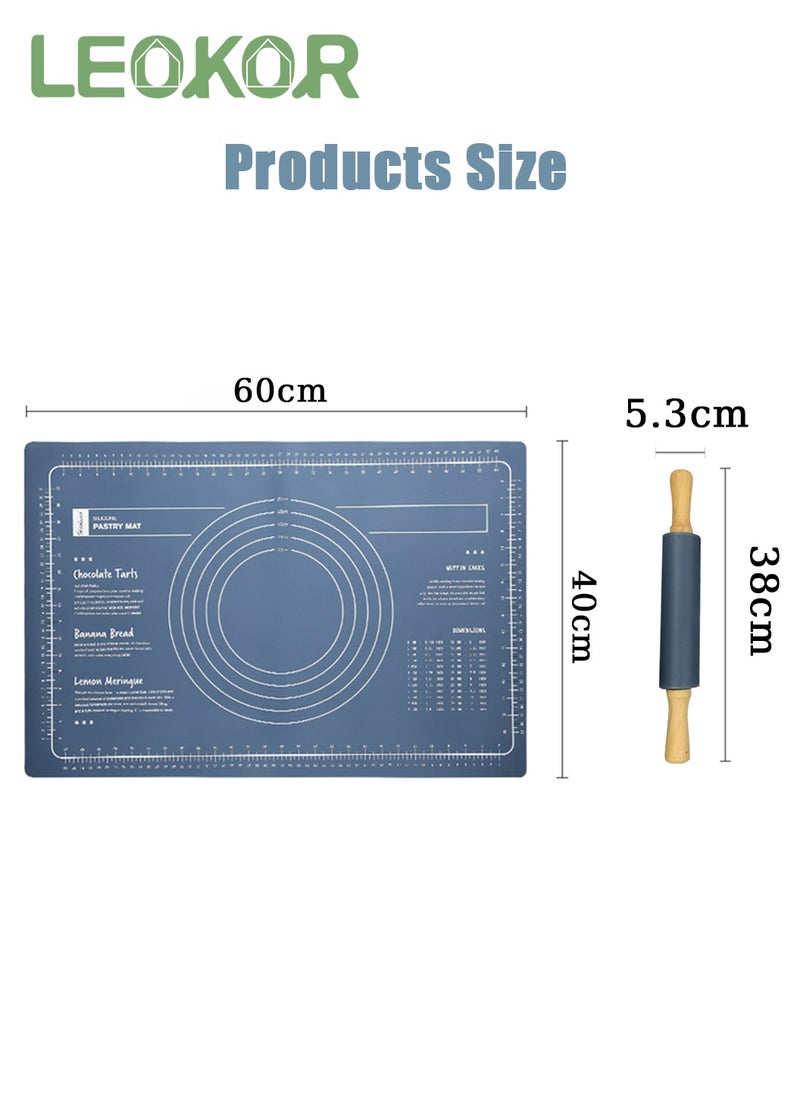 LEOKOR - 2 Pcs Silicone Baking Mat, Reusable Nonstick Bakeware Mats with Rolling Pin, Food Grade Silicone Dough Rolling Mat For Making Cookies, Multipurpose Mat, Countertop Mat, 40*60CM Blue - Image 1