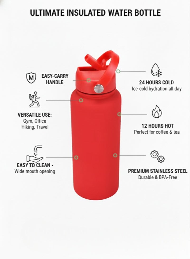 هامزون زجاجة مياه معزولة من الفولاذ المقاوم للصدأ مع غطاء من القش، ترمس مزدوج الجدار للمشروبات الساخنة والباردة، زجاجة رياضية واسعة الفم مضادة للتسرب وقابلة لإعادة الاستخدام 500 مل، خالية من BPA، مثالية للصالة الرياضية والمكتب والسفر والتخييم، لون أحمر - Image 2