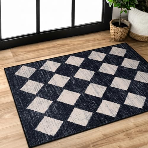 La Home Lahome Moroccan Trellis Area Rug - 2x3 Printed Small Black Checkered Entryway Rug Non Slip Kitchen Mat, Stain Resistance Indoor Modern Floor Soft Throw Carpet for Front Door Bathroom Sink Bedroom - Image 1