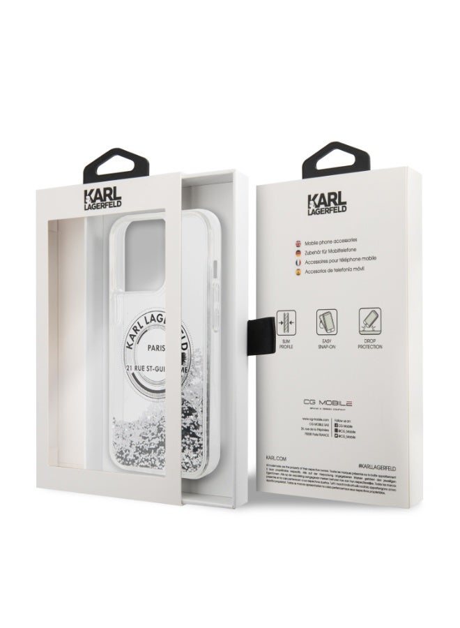 كارل لاغرفيلد كفر جوال ايفون 14 برو ماكس سيليكون شفاف لامع لون فضي من كارل لاغرفيلد Karl lagerfeld Liquid Glitter Case Round Rsg Logo For iPhone 14 Pro Max - Image 5