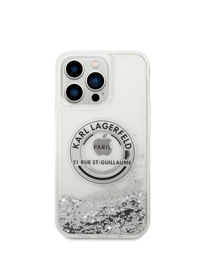 كارل لاغرفيلد كفر جوال ايفون 14 برو ماكس سيليكون شفاف لامع لون فضي من كارل لاغرفيلد Karl lagerfeld Liquid Glitter Case Round Rsg Logo For iPhone 14 Pro Max - Image 1