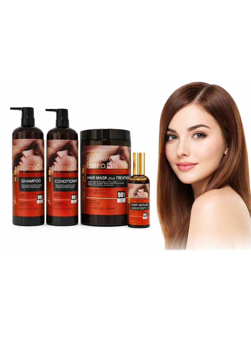 Brazilian Keratin Complete Hair Care Set 4-in-1 | Shampoo 900ml + Conditioner 900ml + Hair Mask 1000ml + Hair Serum 100ml | Sulfate & Sodium Free, Anti-Frizz, Repair & Smooth Shiny Hair - Image 1