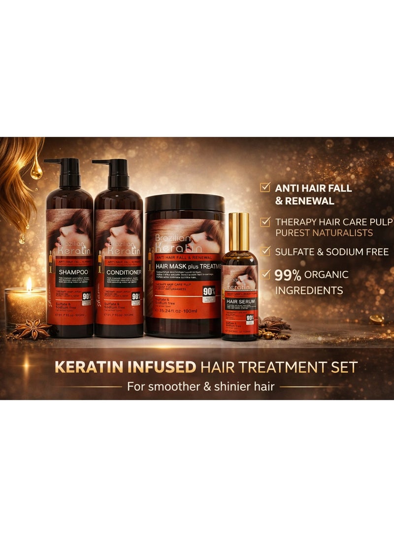 Brazilian Keratin Complete Hair Care Set 4-in-1 | Shampoo 900ml + Conditioner 900ml + Hair Mask 1000ml + Hair Serum 100ml | Sulfate & Sodium Free, Anti-Frizz, Repair & Smooth Shiny Hair - Image 2