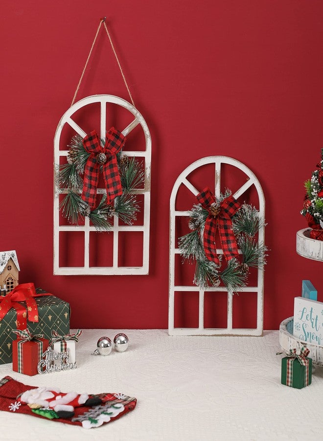 NEWLIGHTURE Wood Christmas Wall Hanging Decor, 2-Pack Rustic Christmas Window Plaque Signs with Wreath for Indoor Outdoor, Farmhouse Holiday Wall Decor, Wooden Arch with Wreath Christmas Home Party - Image 2