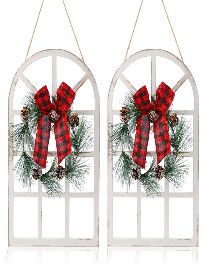 NEWLIGHTURE Wood Christmas Wall Hanging Decor, 2-Pack Rustic Christmas Window Plaque Signs with Wreath for Indoor Outdoor, Farmhouse Holiday Wall Decor, Wooden Arch with Wreath Christmas Home Party - Image 1
