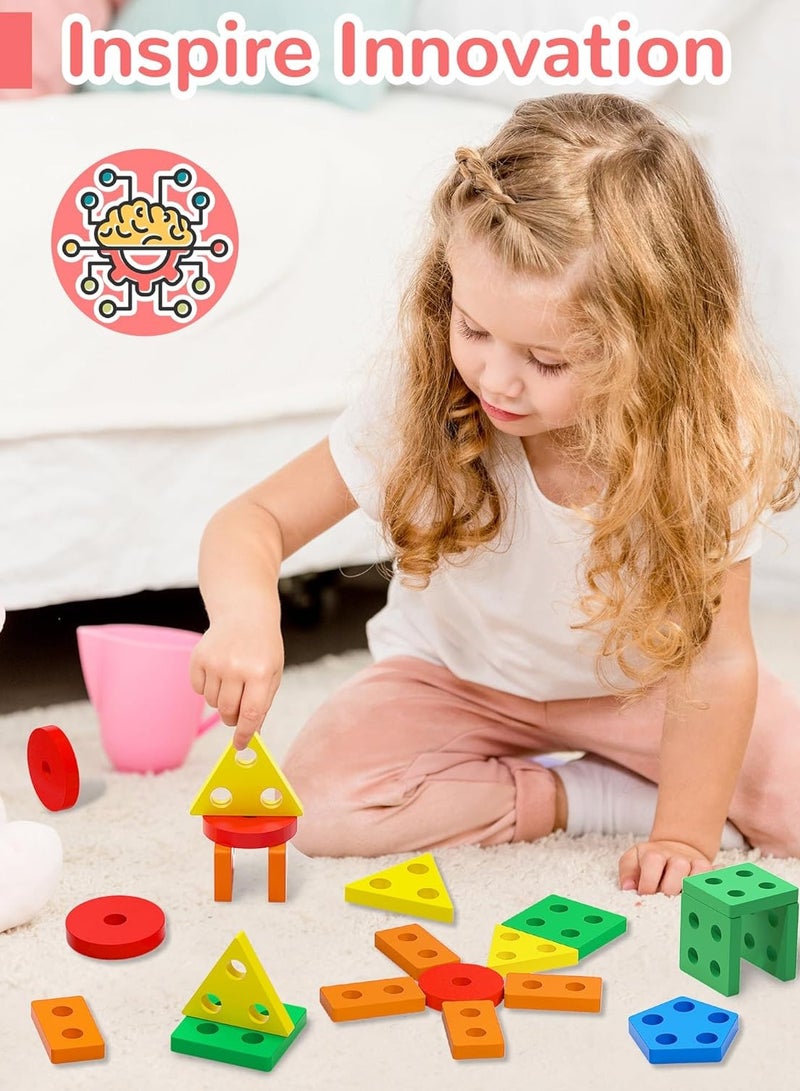 WHITE GAINS Montessori Toys for Toddlers 3+, Educational Puzzles, Wooden Sorting & Stacking Blocks, Sensory Toys for 3+ Year Olds, Building Blocks, Motor Skills Development, Birthday Gift for Boys & Girls - Image 1