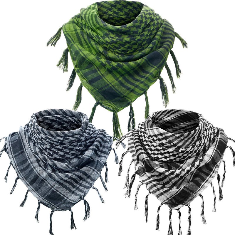 SATINIOR 3 Pcs Shemagh Keffiyeh Head Neck Scarf Turban Unisex Arab Plaid Fringe Scarves with Tassel for Outdoor Camping Accessory(Army Green, Black White, Grey) - Image 1