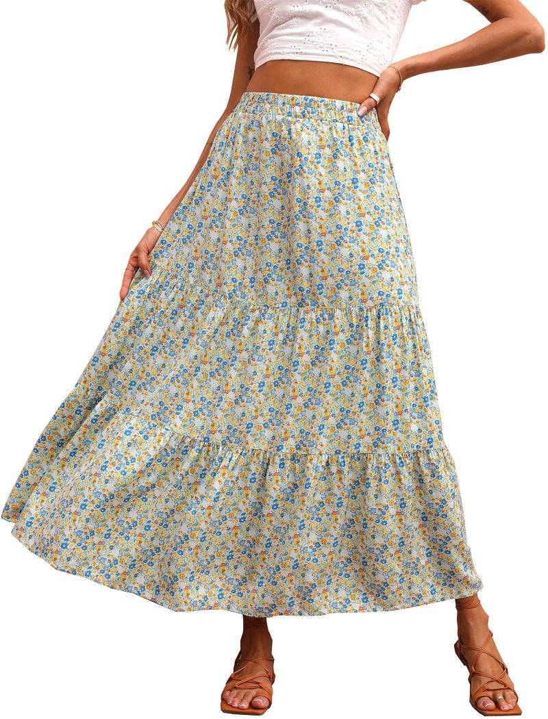 KIRUNDO Maxi Skirts for Women 2026 Summer Boho Floral High Waist Casual Flowy Long Skirt Beach Vacation Cruise Resort Wear(Light Blue, Small) - Image 1